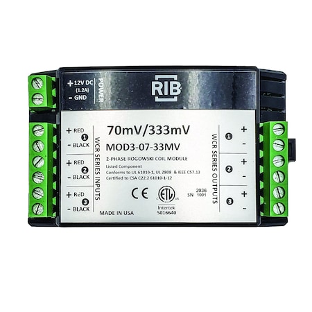 Functional Devices Rogowski Flexible Coil  in.Rope in. Integrator DIN Module, 2 Phase, 70mV, 333mV output MOD3-07-33MV